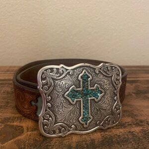 Brown Leather Belt with Silver and Turquoise Buckle